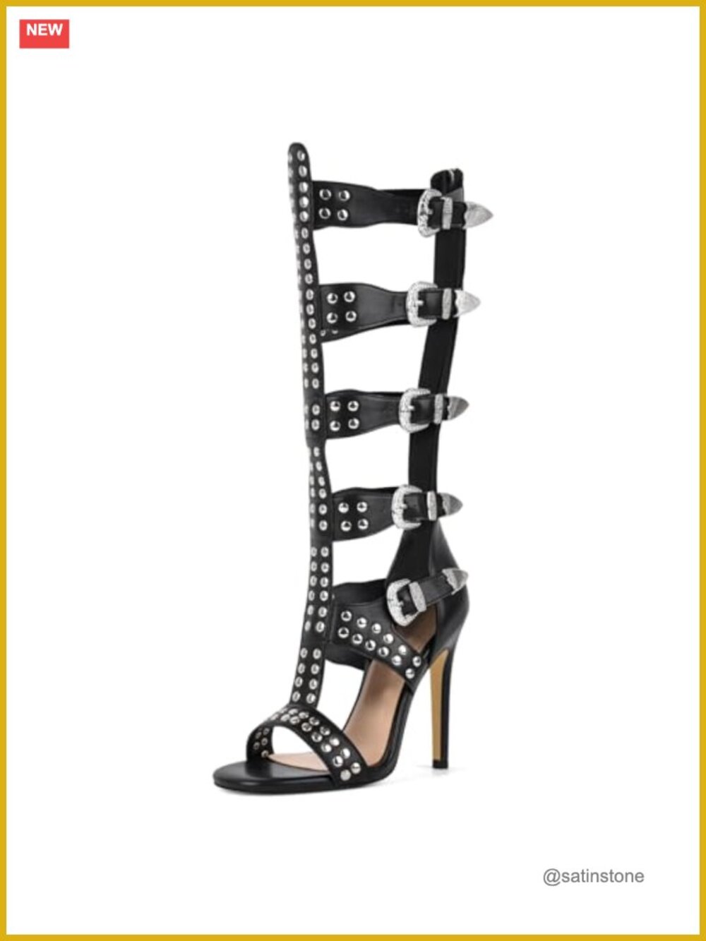 Knee High Gladiator Sandals with Rivets Back Zip Studded Strap Heels 4.5 Inch